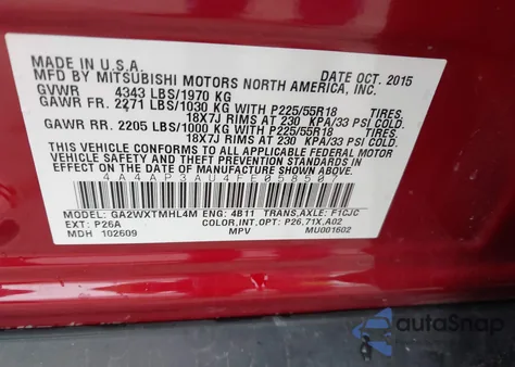 2015 Mitsubishi Outlander Sport Es z USA, uszkodzony, nr VIN 4A4AP3AU4FE058507